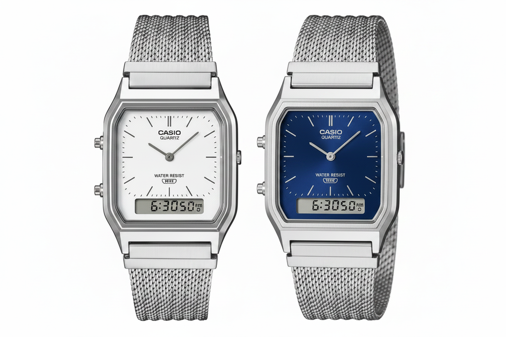 Both Casio Ana-Digi watches close-up sharp