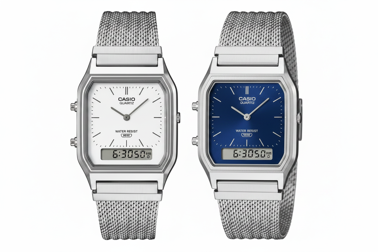 Both Casio Ana-Digi watches close-up sharp