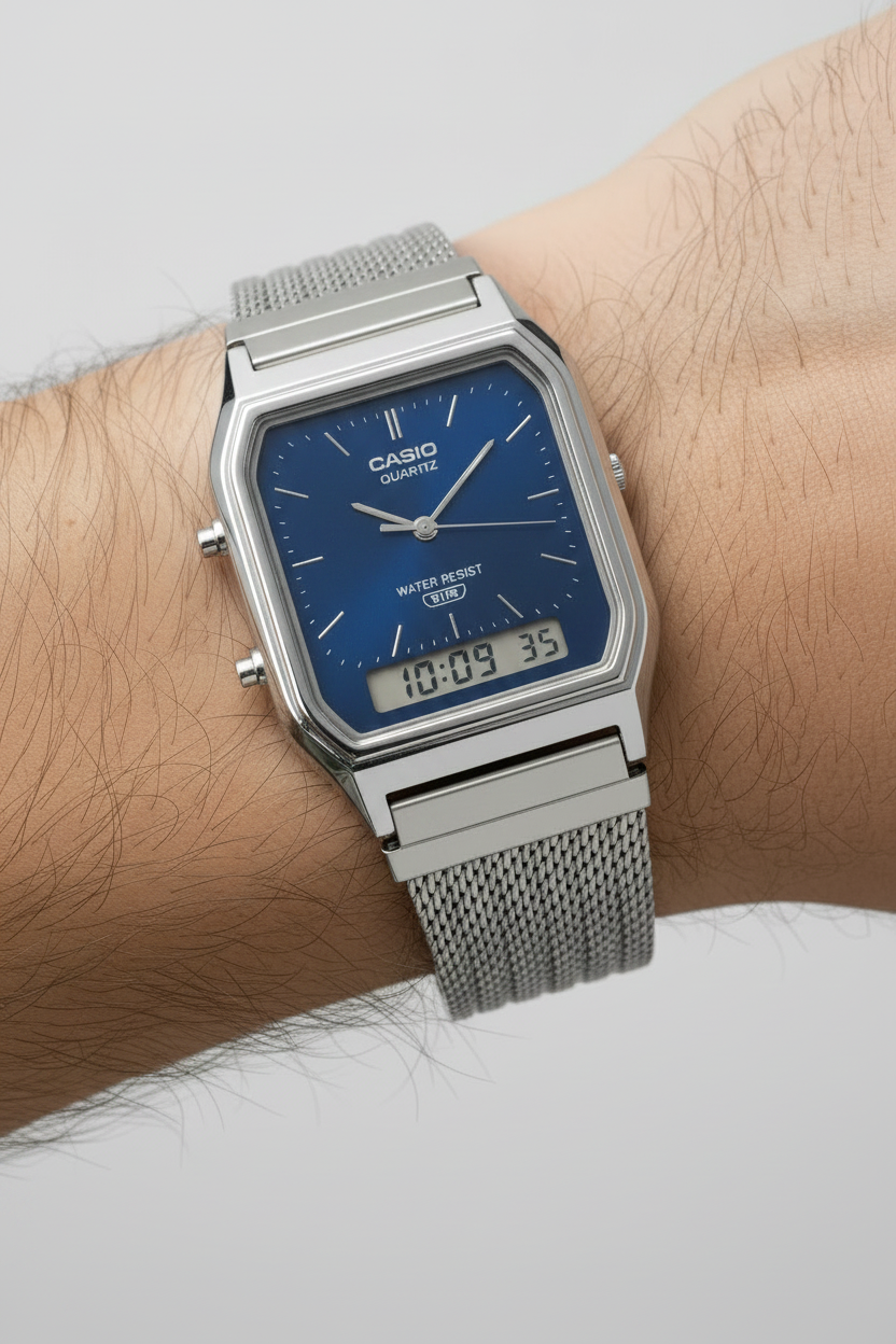 Casio Ana-Digi blue dial on matching wrist