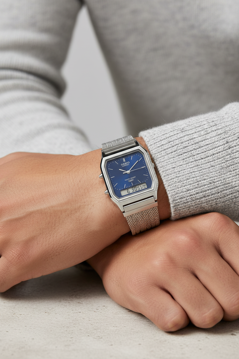 Casio Ana-Digi blue dial on person's wrist