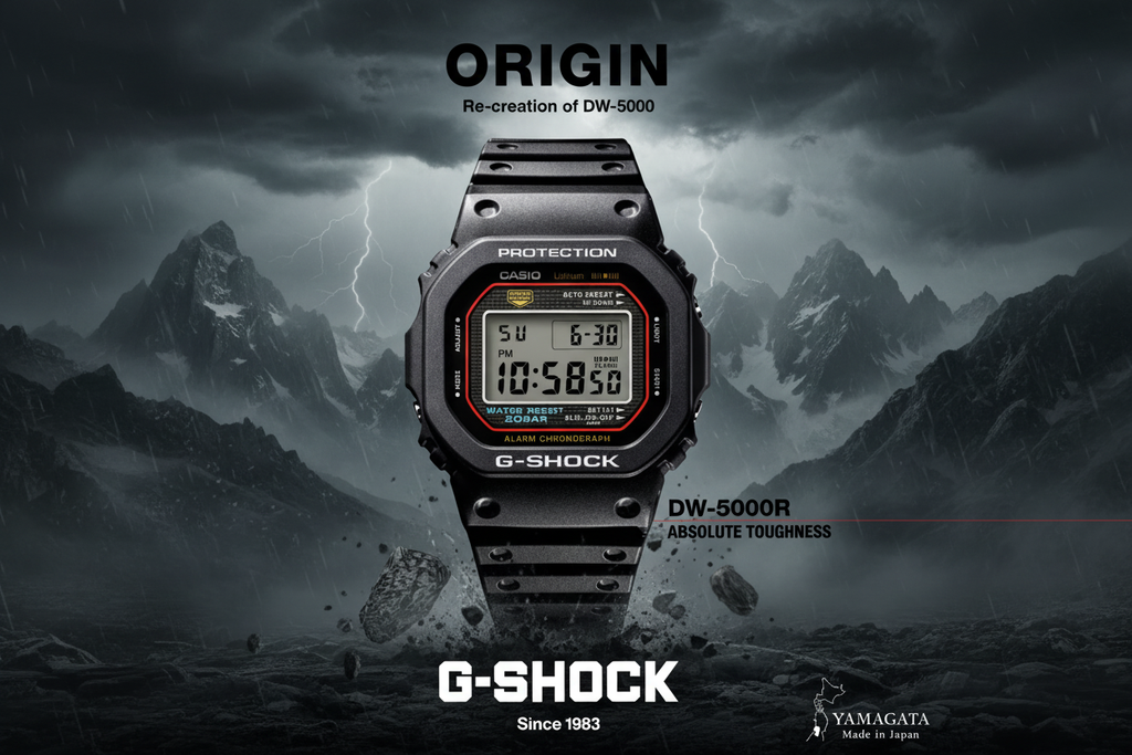 Casio G-Shock DW-5000R ORIGIN advertisement poster with stormy mountain peak background