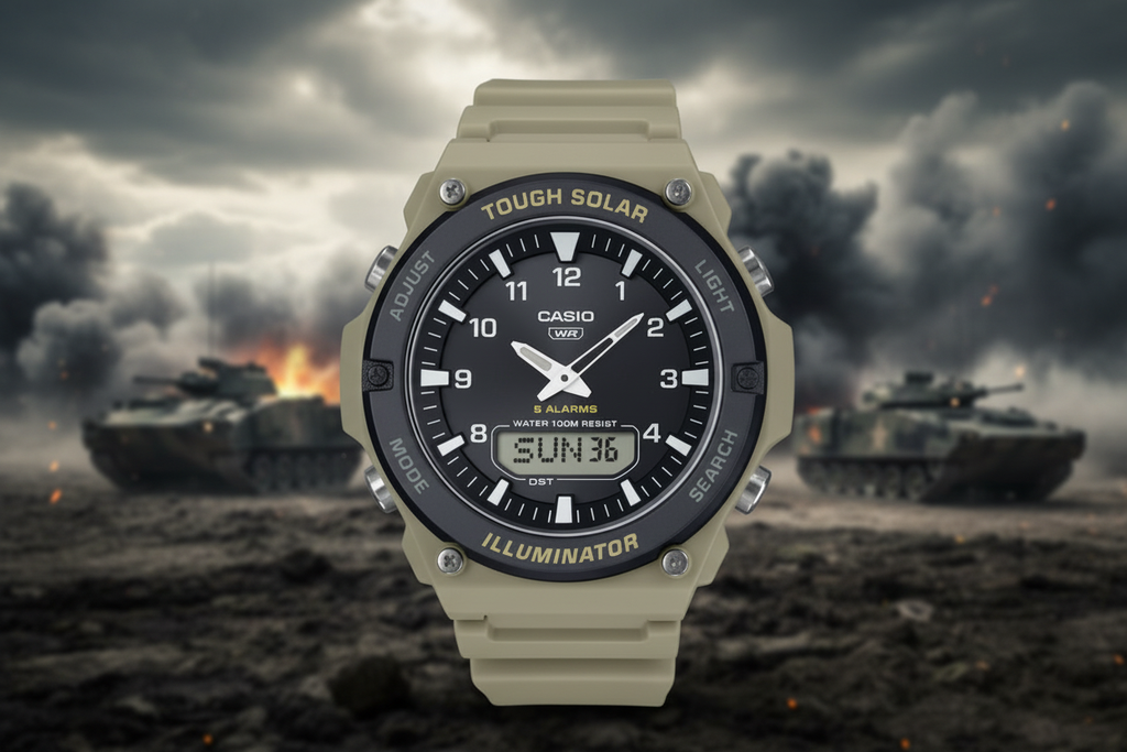 Casio Tough Solar watch with dramatic battlefield background