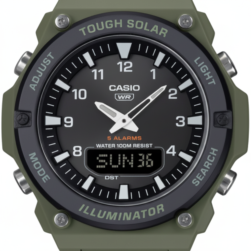 Dark olive green Casio Tough Solar watch face - ultra sharp close-up showing every detail