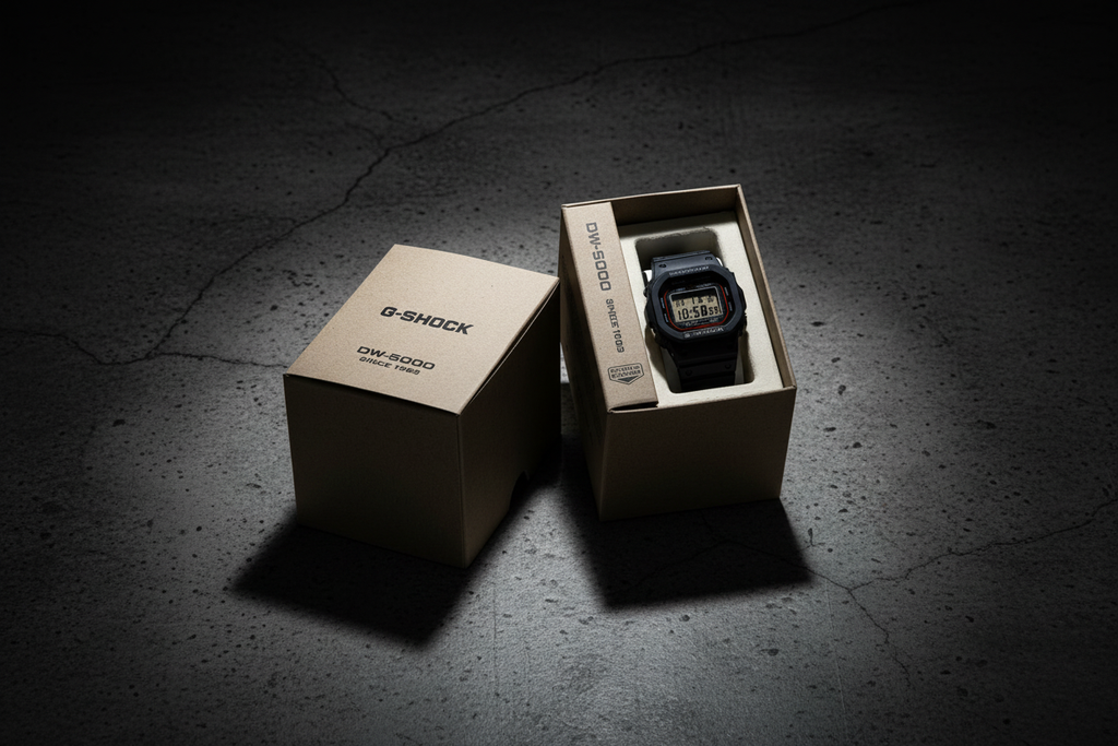 Casio G-Shock DW-5000 watch in box on rugged dark concrete military background