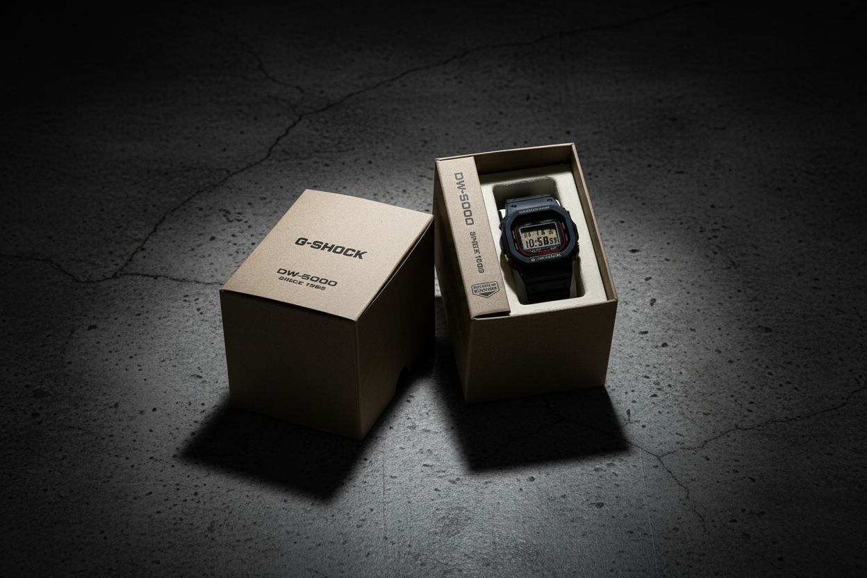 Casio G-Shock DW-5000 watch in box on rugged dark concrete military background