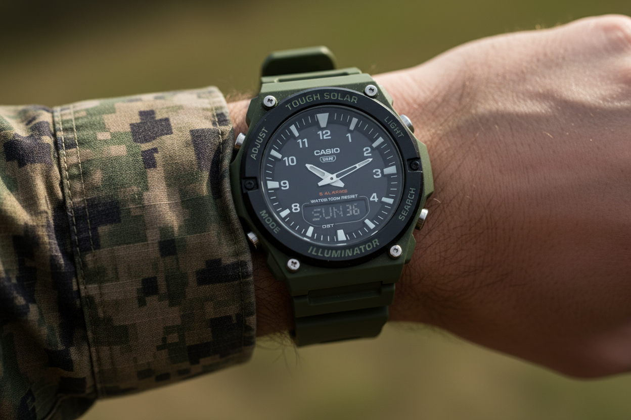 Dark olive green Casio Tough Solar watch worn by a US Marine