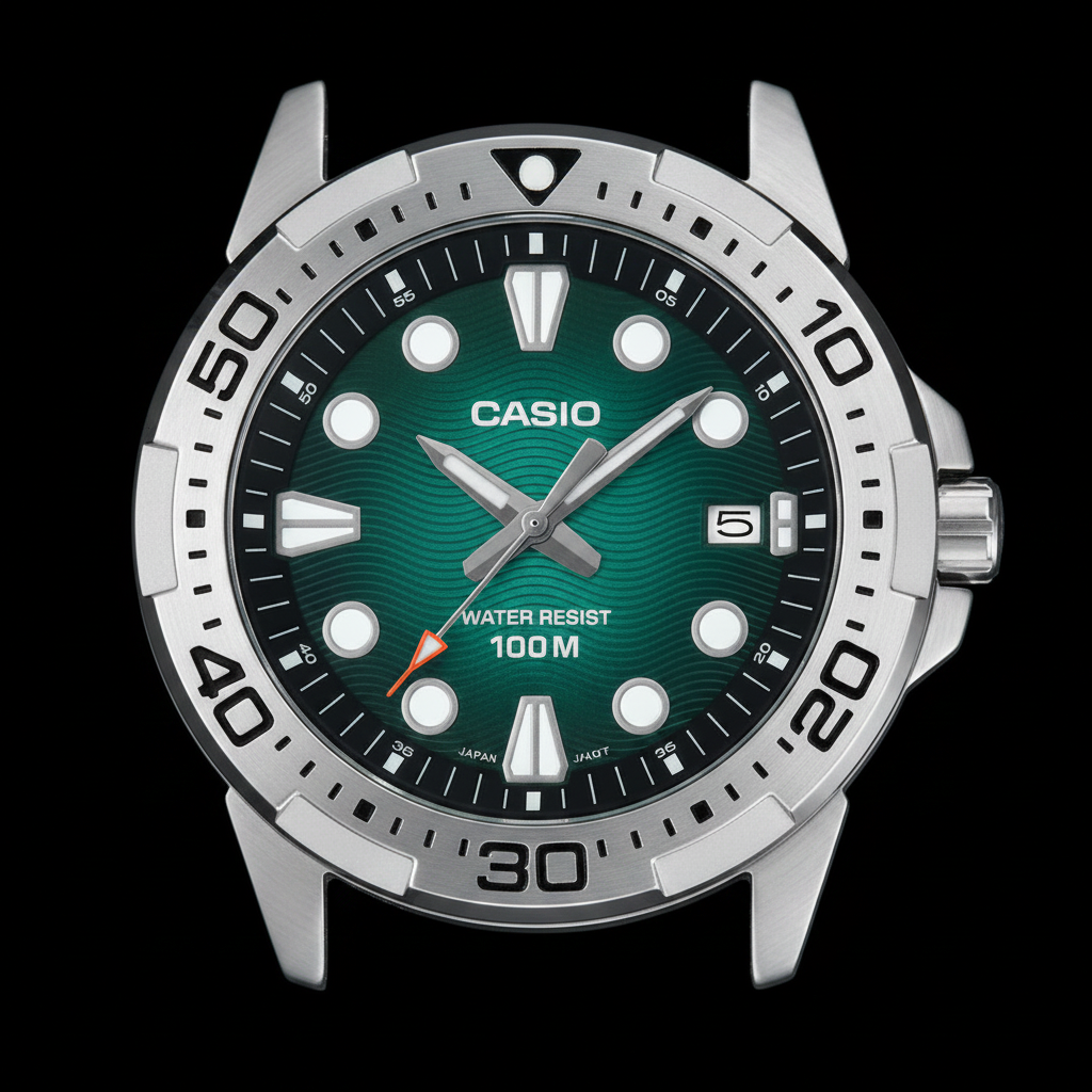 Casio MTP-140D-3A watch case and face close-up