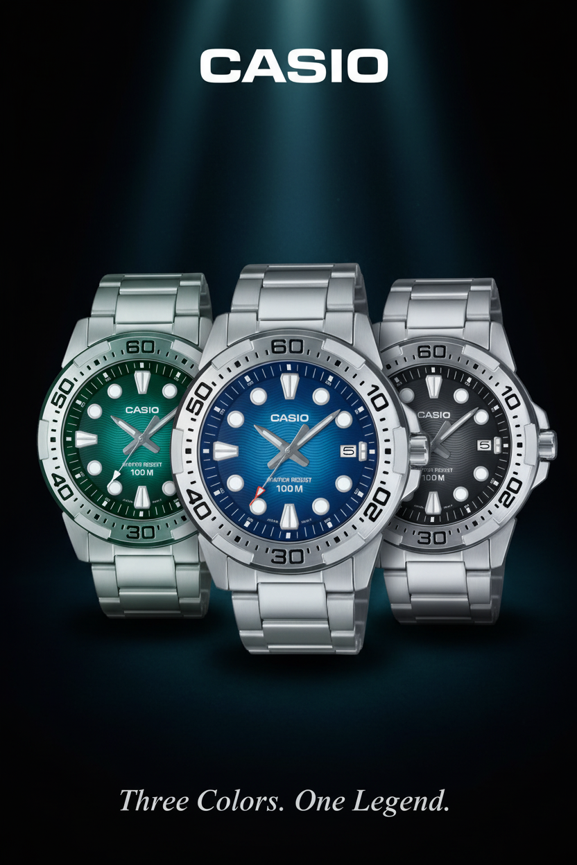 Casio MTP-140D-3A three color watches professional poster