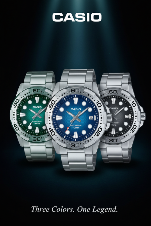 Casio MTP-140D-3A three color watches professional poster