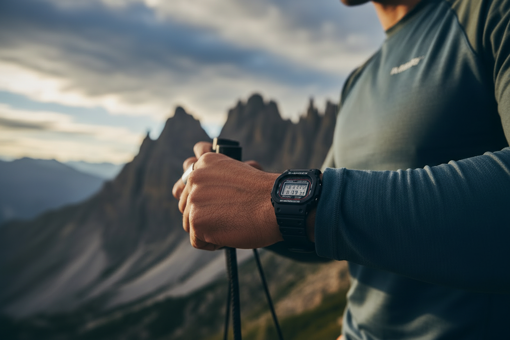 Casio G-Shock DW-5600 worn on wrist with sporty outdoor adventure background