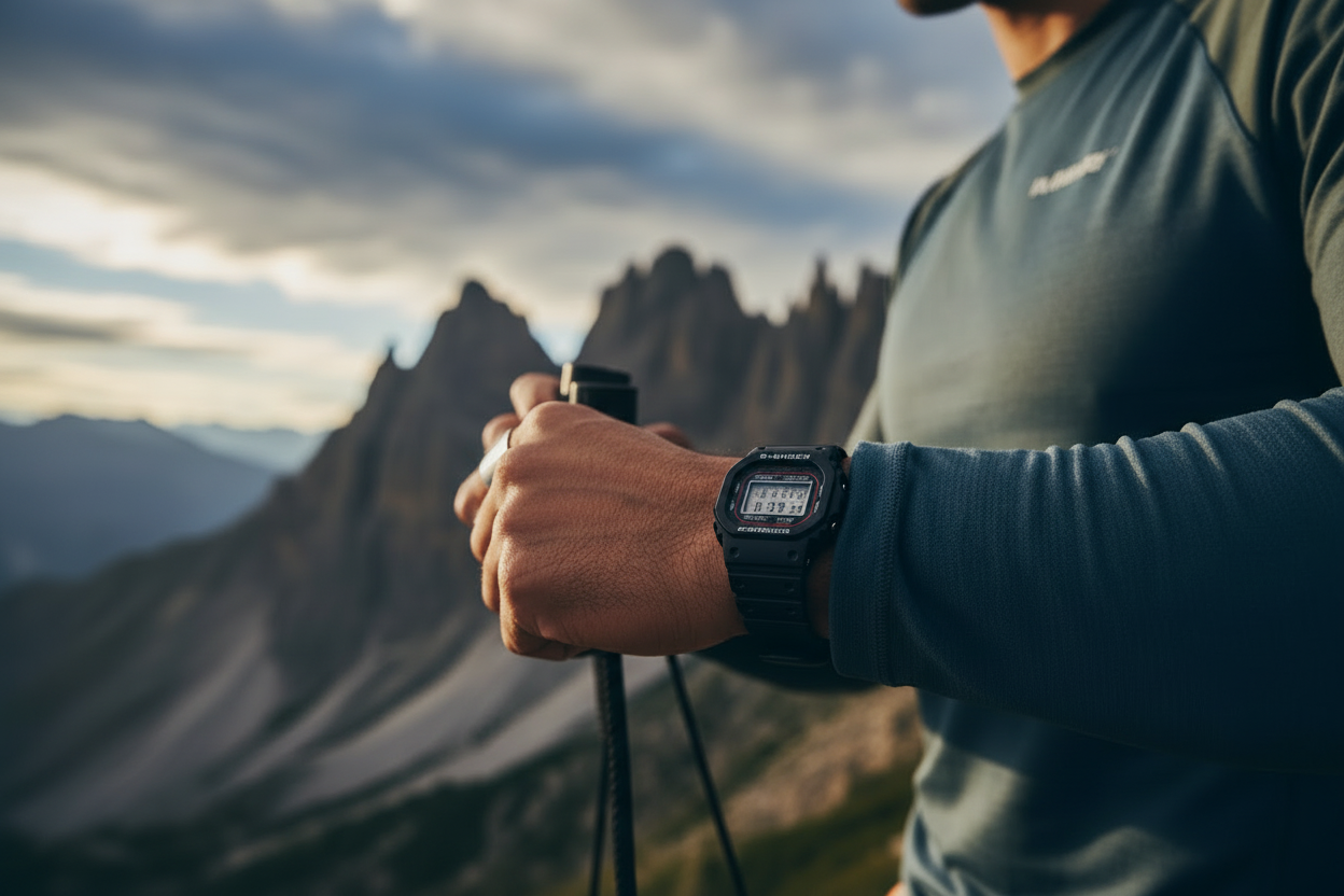 Casio G-Shock DW-5600 worn on wrist with sporty outdoor adventure background