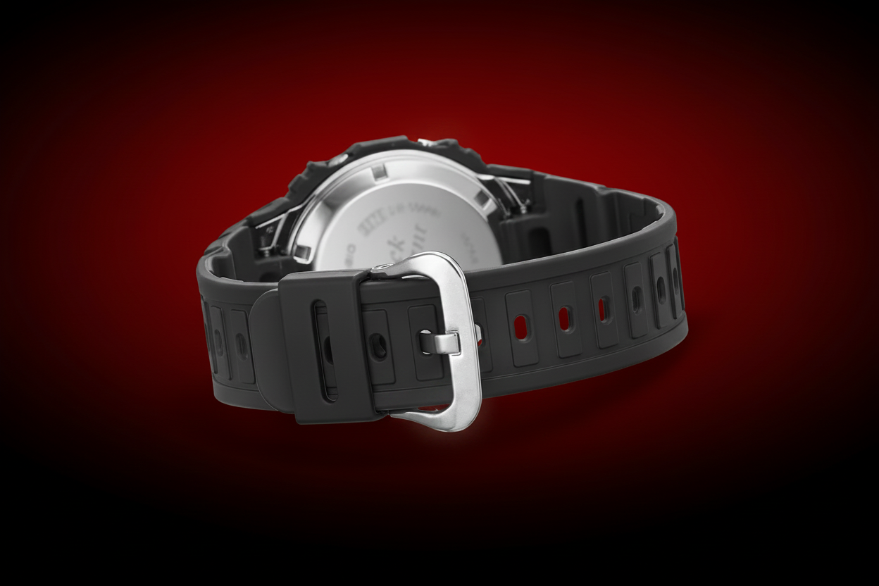 Casio G-Shock back view showing rubber strap and stainless steel buckle on bold red-black gradient background
